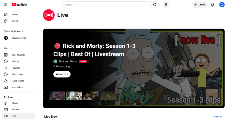 YouTube Live主页